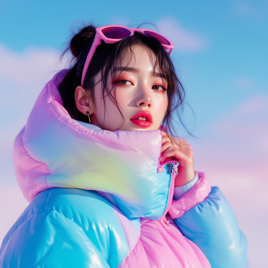 AI generated: a girl wearing a poncho oversized puffer jacket, inspired by OffWhite, tumblr, inspired by Yanjun Ch...