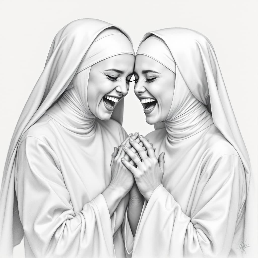 AI generated: Two young beautiful nuns they are wrestling and laughing, pencil drawing in style Adam Hughes --no t...