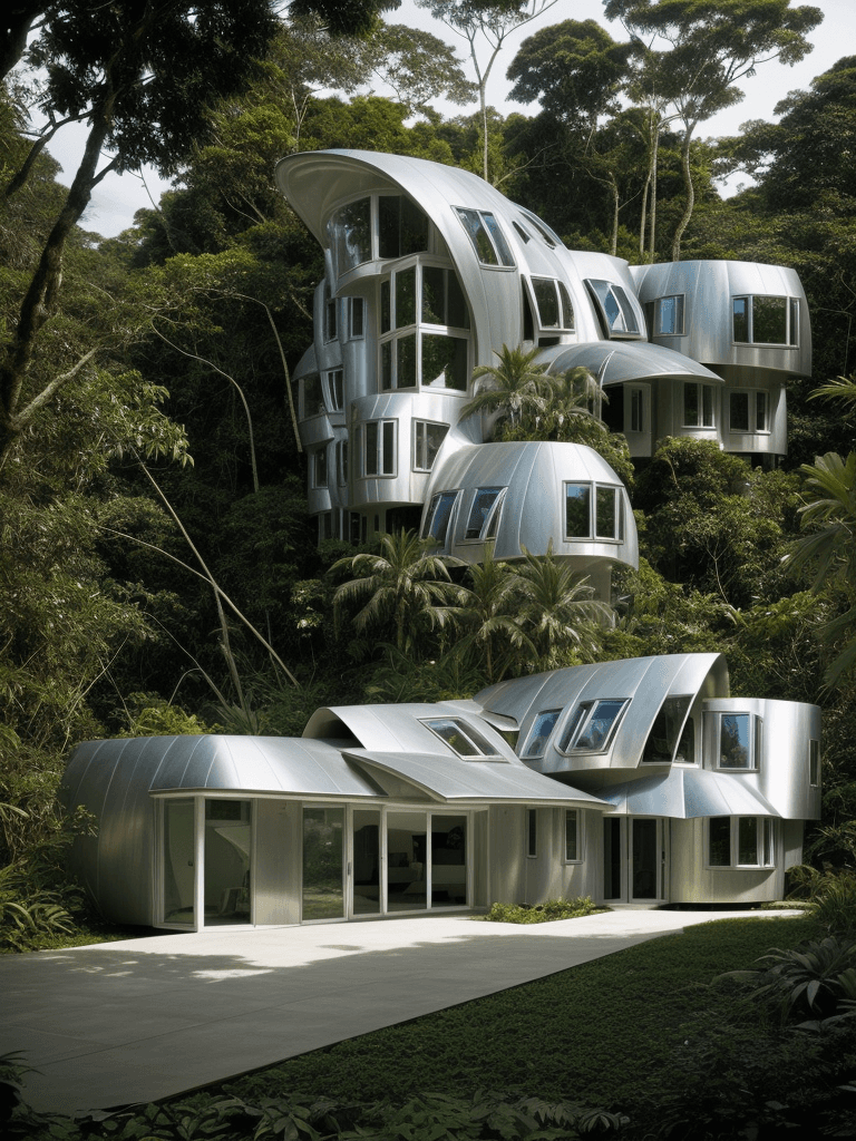 AI generated: Hyper realistic eye level exterior photo of a futuristic style house overlooking the jungle, dayligh...