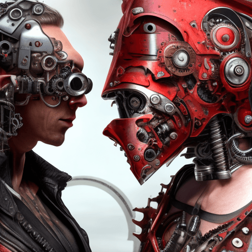 AI generated: Hyper realistic steampunk cyborg looking the head off an cyborg, red liquid paint, μικρα σωληνακια, ...