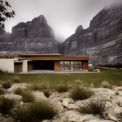 AI generated: An exterior view for villa , wide barren landscape, dark mesa rocks, epic scale, moody lighting, eve...