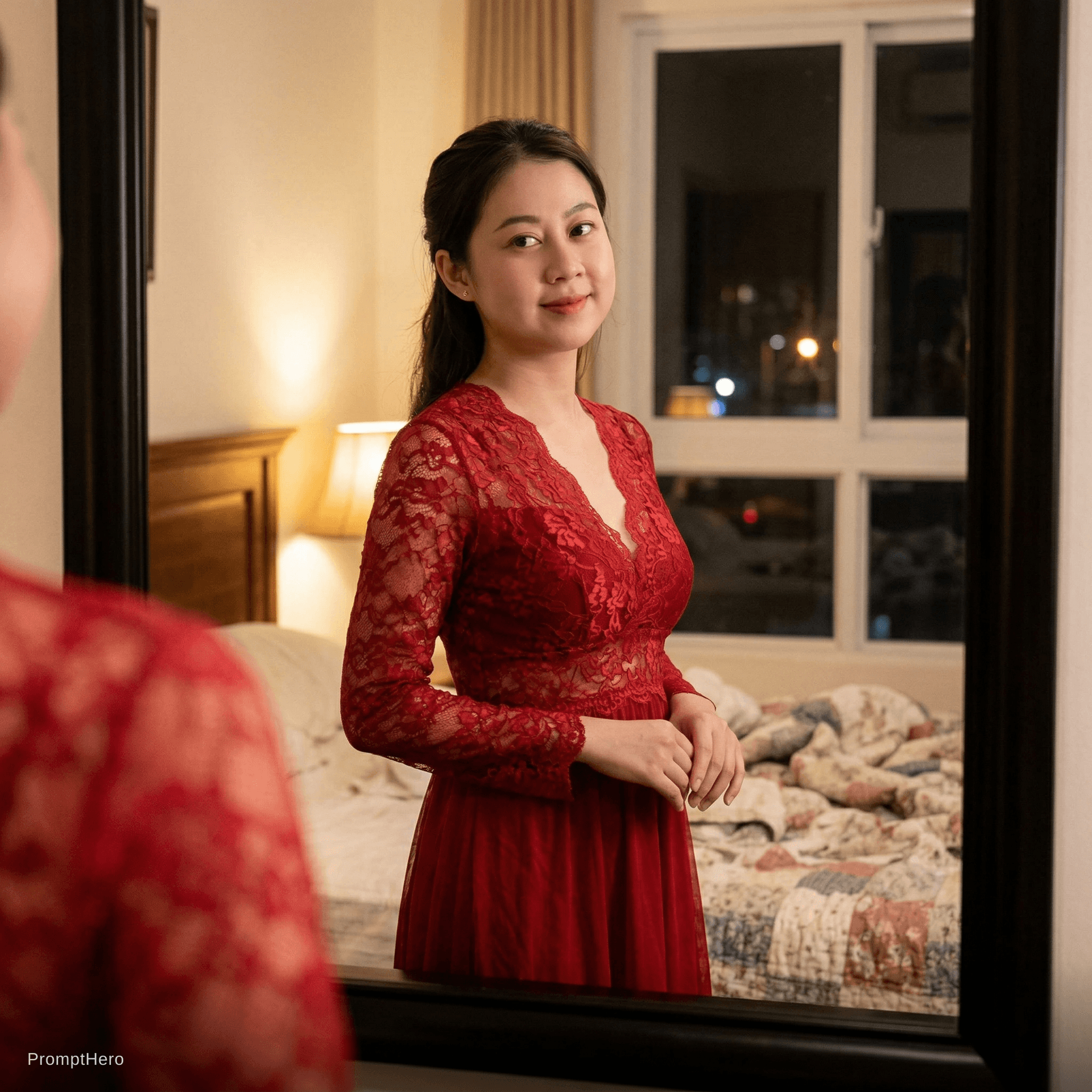 AI generated: Girl wearing red lace nightgown, standing in front of the mirror