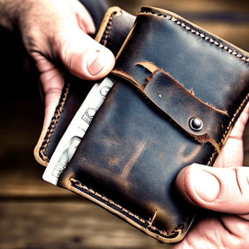 AI generated: An abandoned leather wallet, held open by a pair of hands, to show no cash or credit cards inside. S...