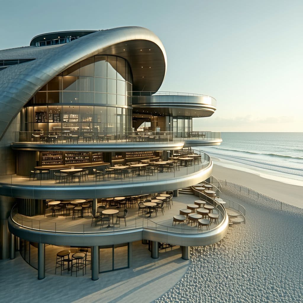 AI generated: Bird's eye View of a  modern Cafe comes restaurant with 3 - built structures with Paris's architectu...