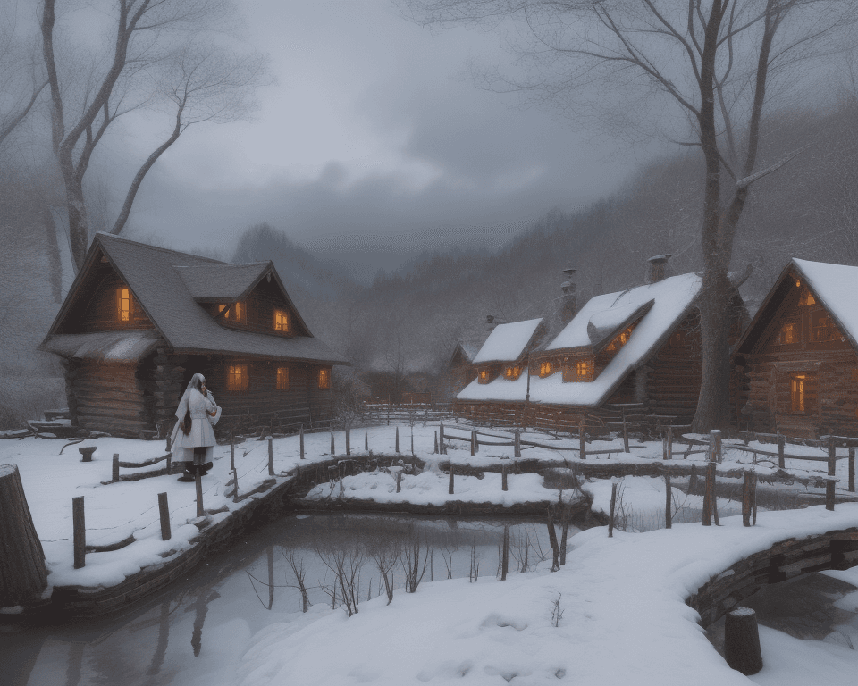 AI generated: A winter village scene, showcasing wooden cabins with snow-covered roofs, nestled among frosty trees...
