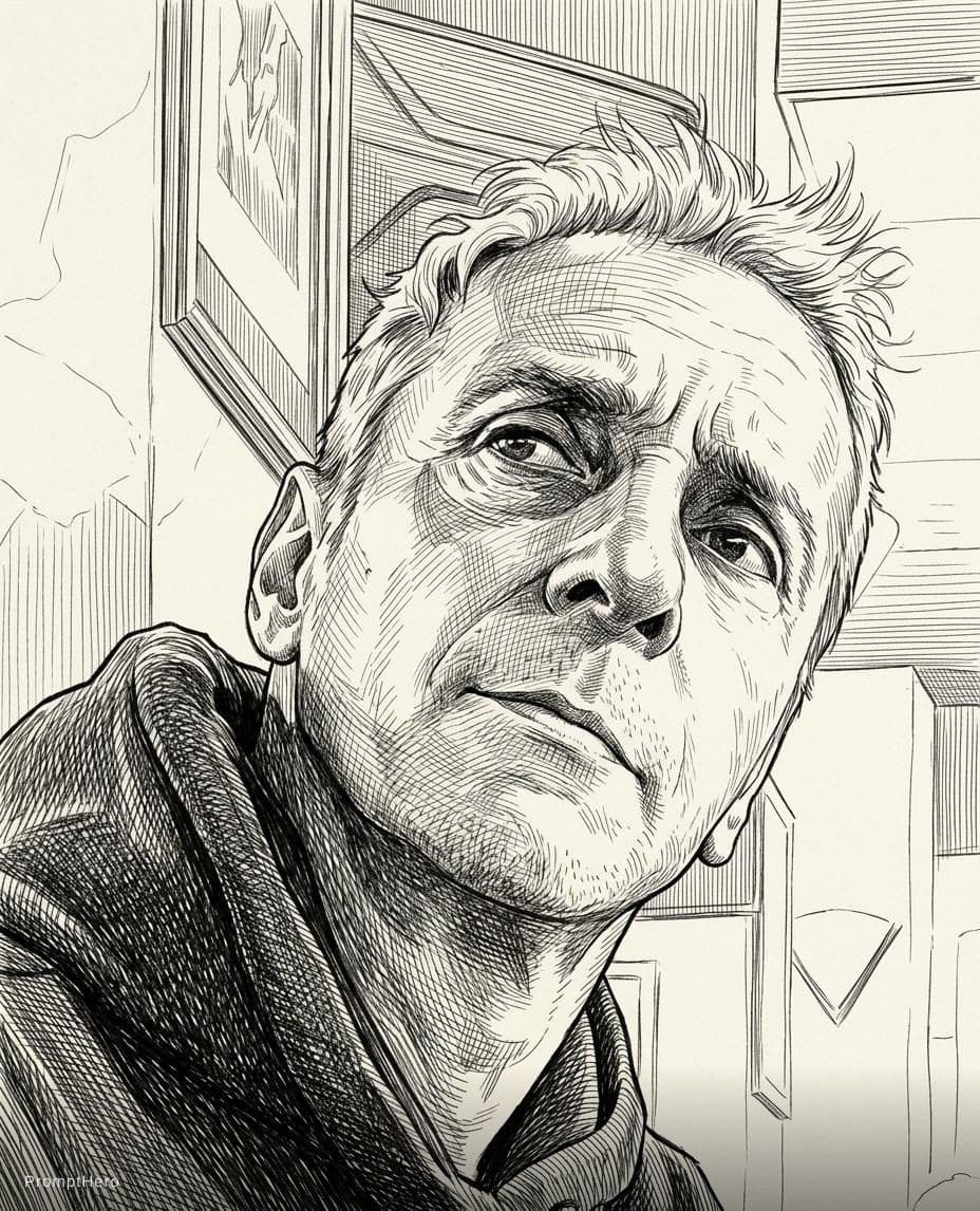 AI generated: portrait of man, pen and ink, intricate line drawings, by craig mullins, ruan jia, kentaro miura, gr...