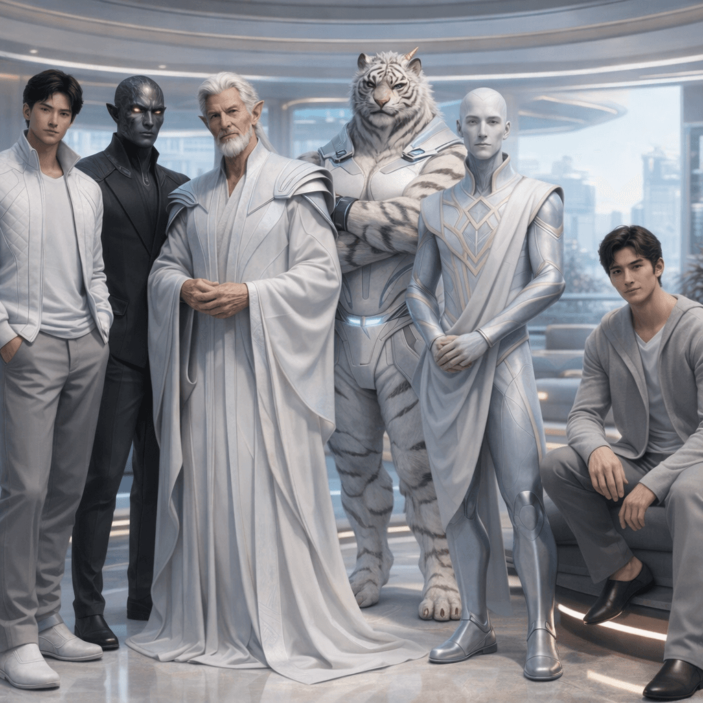 AI generated: Create an image showcasing all-male, all-separate images, posing together. Change background, clothi...