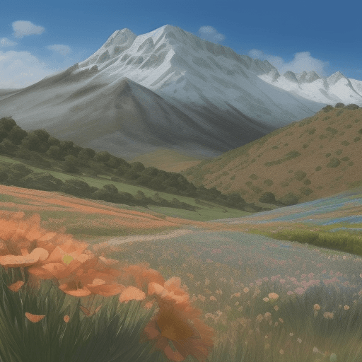 AI generated: un hermoso paisaje, folores, montañas, dibujos animado
