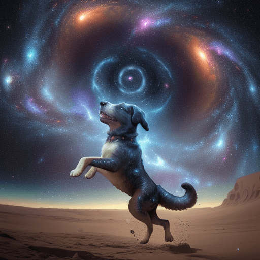 AI generated: a dog leaping across a devastated landscape, galaxies in the sky, swirling energy bursts forth from ...