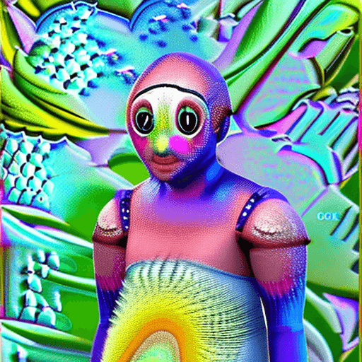 AI generated: This magnificent half human creature with rainbow iridescent skin color, shiny and sparkling, in the...