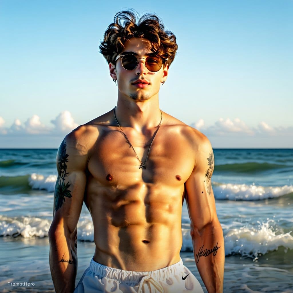 AI generated: Full body,Full image, Realistic photo of a very tanned 20-year-old guy on a sunny beach, stylish cur...