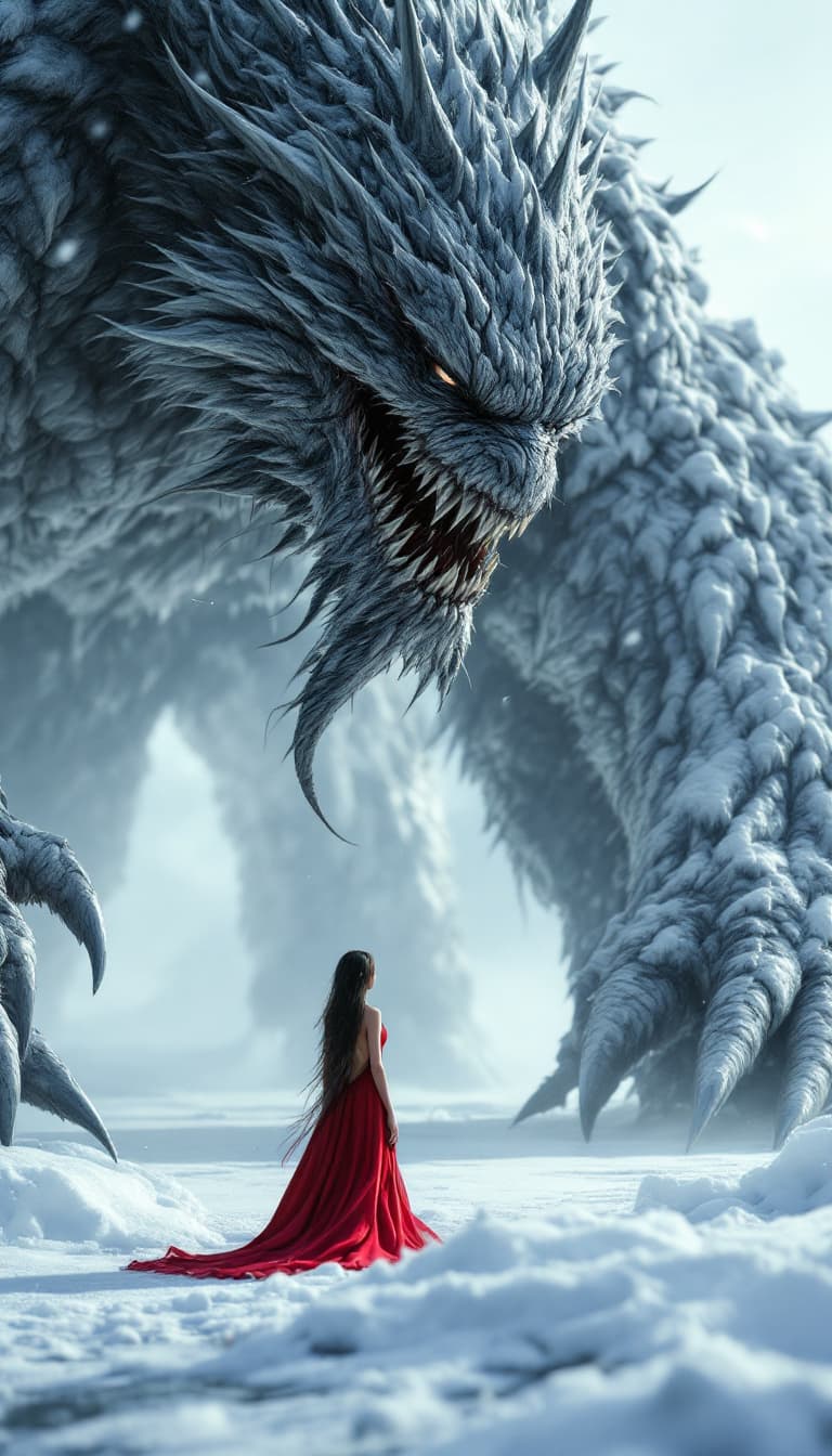 AI generated: an enormous snow monster is standing on the ice, and a cartoon woman, wearing deep v cut red mini dr...