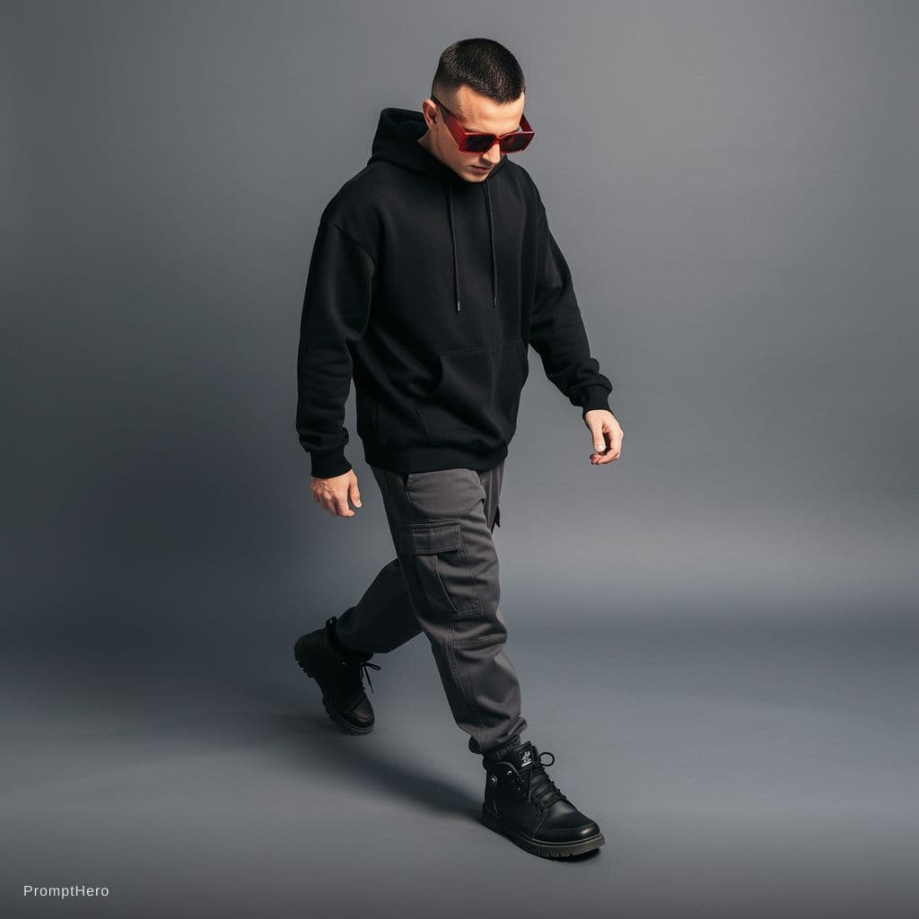 AI generated: capturing a model, man wearing basic hoodie, matte black, dark grey cargo jogger pant, skate shoes, ...