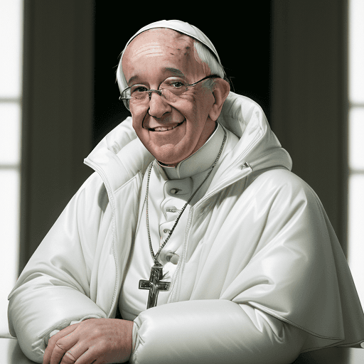 AI generated: Smiling Pope Francis, , wearing inflatable white oversized jacket designed by Yeezy and Balenciaga, ...