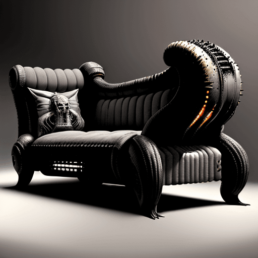 AI generated: huge HR Giger style couch, concept furniture, painting on grey, hyper realistic, illustration, digit...