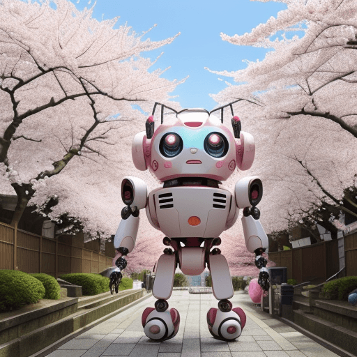 AI generated: Amidst the sea of cherry blossom trees on Sakura Street in Japan, stands a delightful and little Tac...