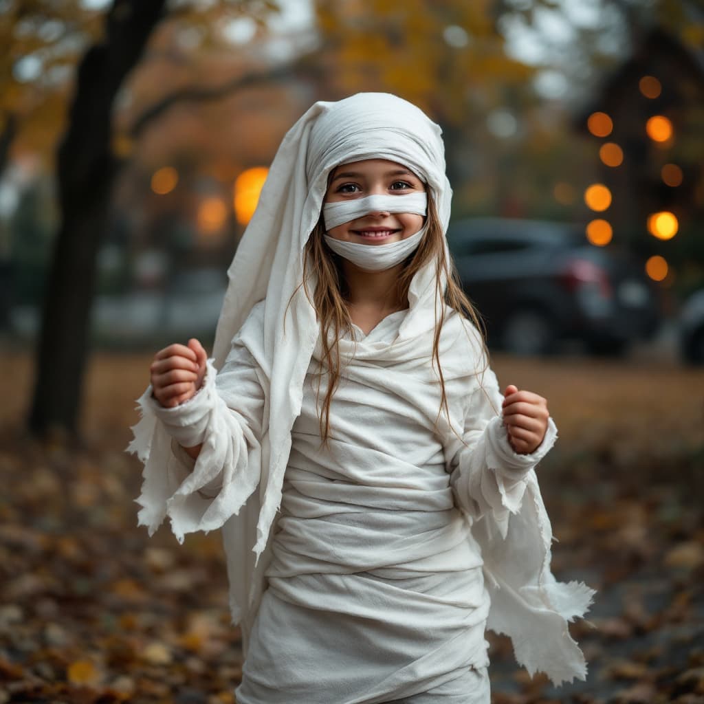 AI generated: a  girl dress like a mummy in halloween.