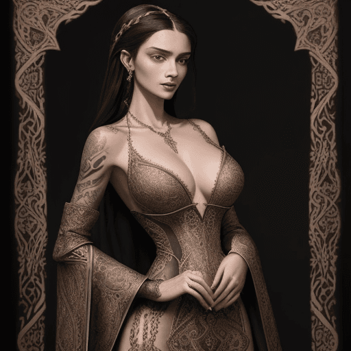 AI generated: A noble woman from the Middle Ages, elegantly dressed in a luxurious gown with a deep V-neck, reveal...