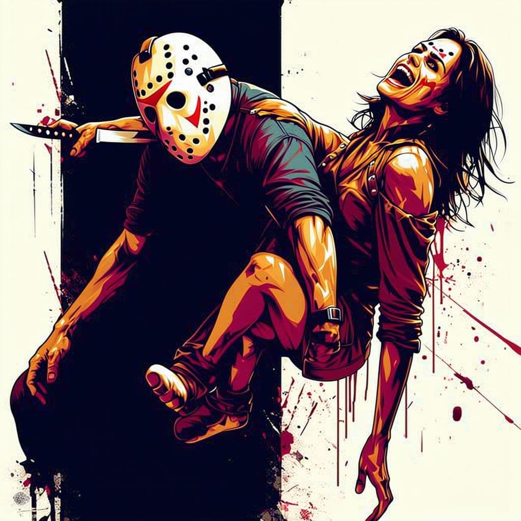 AI generated: face, horror movie character Jason attacking a woman from behind with a knife, expressive faces, dyn...