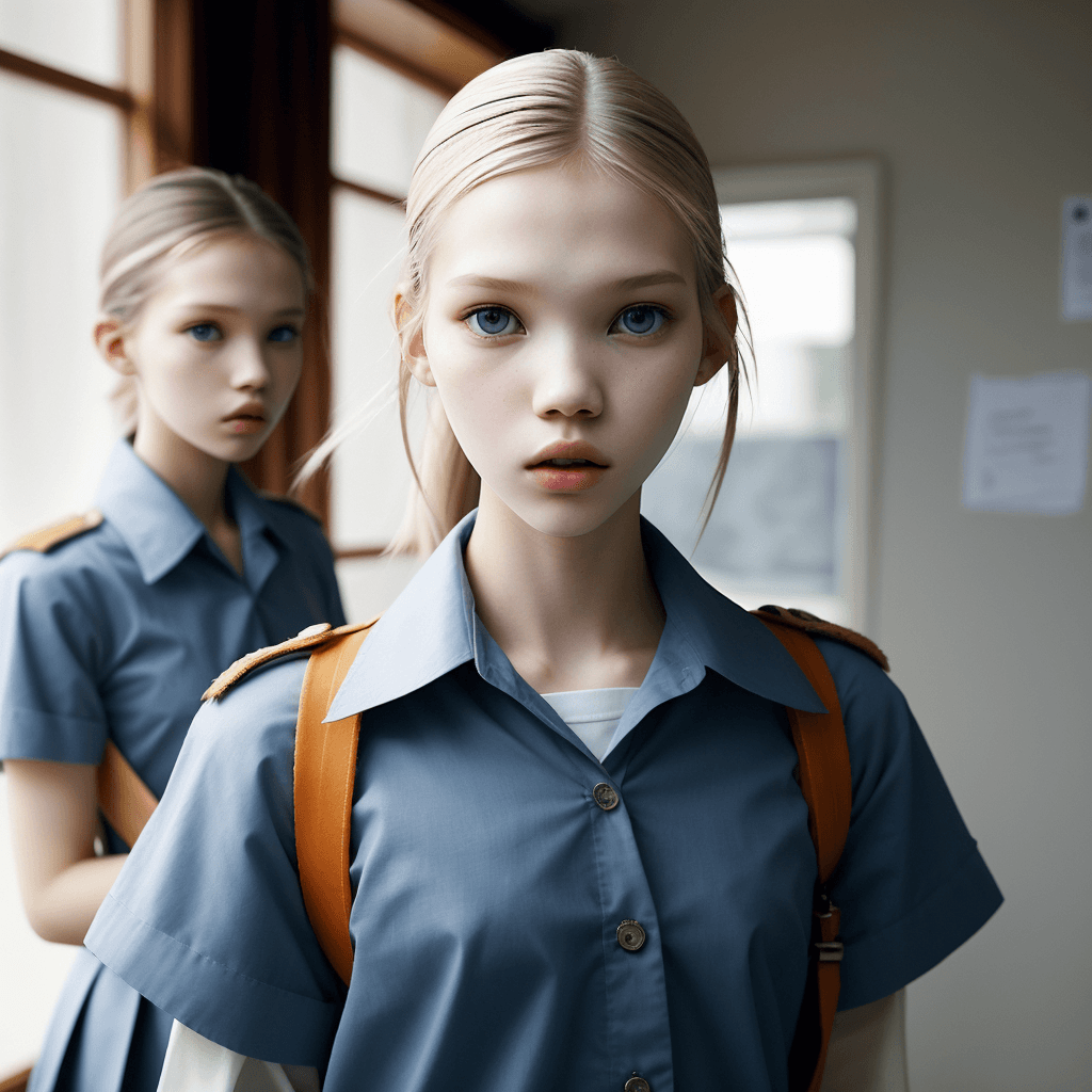 AI generated: a fashion photo by Vanessa Beecroft, clones of a girl sasha luss, wearing school uniform