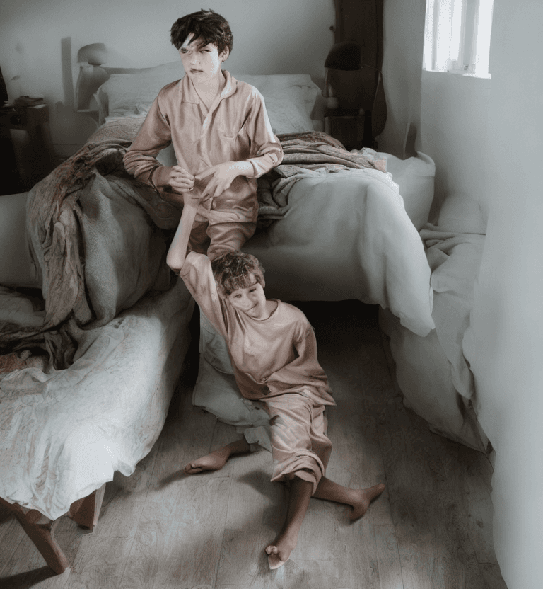AI generated: Teenage boy wearing pyjamas barefoot 