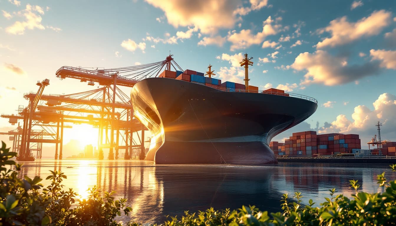 AI generated: A hyper-realistic image of a futuristic large container ship in a port, dramatic light, Blue skies, ...