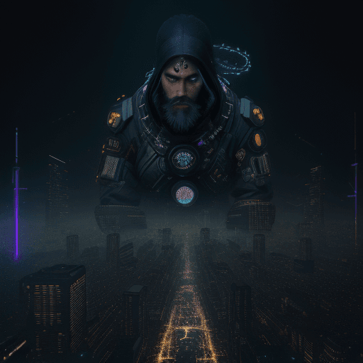AI generated: male, medium beard, Cyberpunk Night City, black hole, singularity, apocalypse, nihilism, Cthuru, gra...
