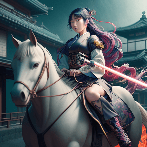 AI generated: Kyoto Animation stylized anime mixed with tradition chinese artworks~ riding on a horse and on one h...