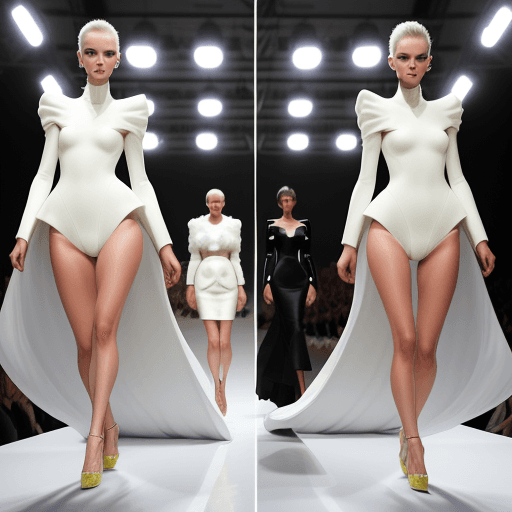 AI generated: fashion show, stunning outfits, haute couture: models in very puffy Hypersize disproportionate suits...
