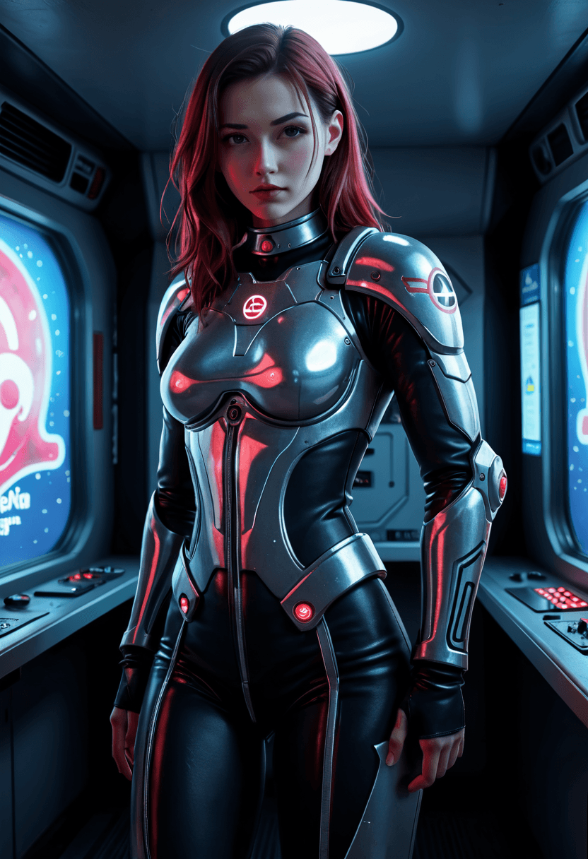 AI generated: Fairy tale A confident female astronaut in a sleek, form-fitting spacesuit with neon pink holographi...