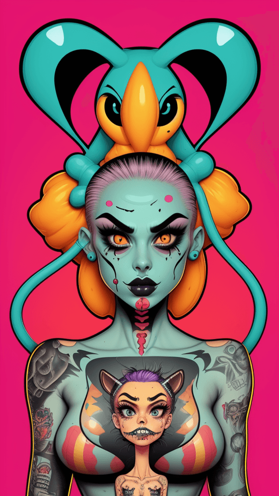 AI generated: twisted backdrop
snec
pop surrealism lowbrow art style
flawless tank girl 
symmetrical anatomy
tatto...