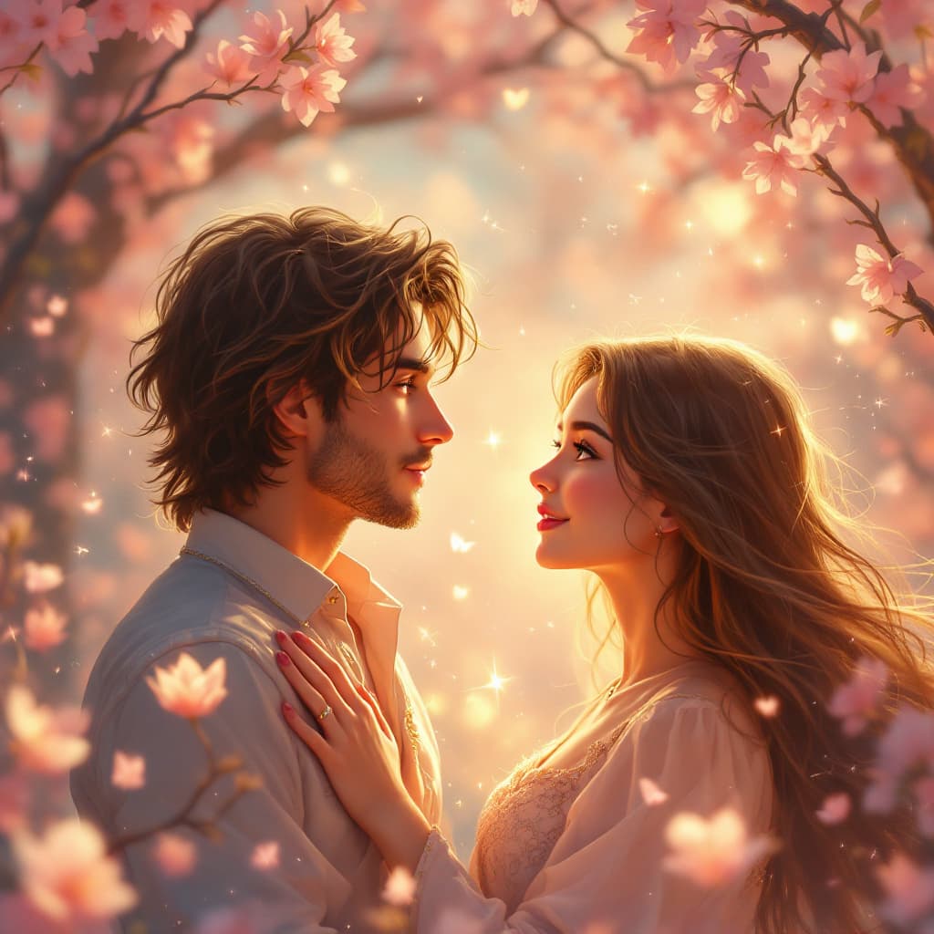 AI generated: A tender scene of the hero and the girl sharing a quiet, intimate moment in a beautiful, peaceful se...