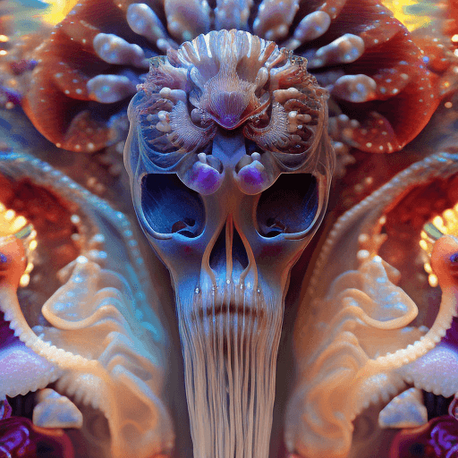 AI generated: Goddess close-up portrait ribcagel. jellyfish phoenix head, nautilus, orchid, skull, betta fish, bio...