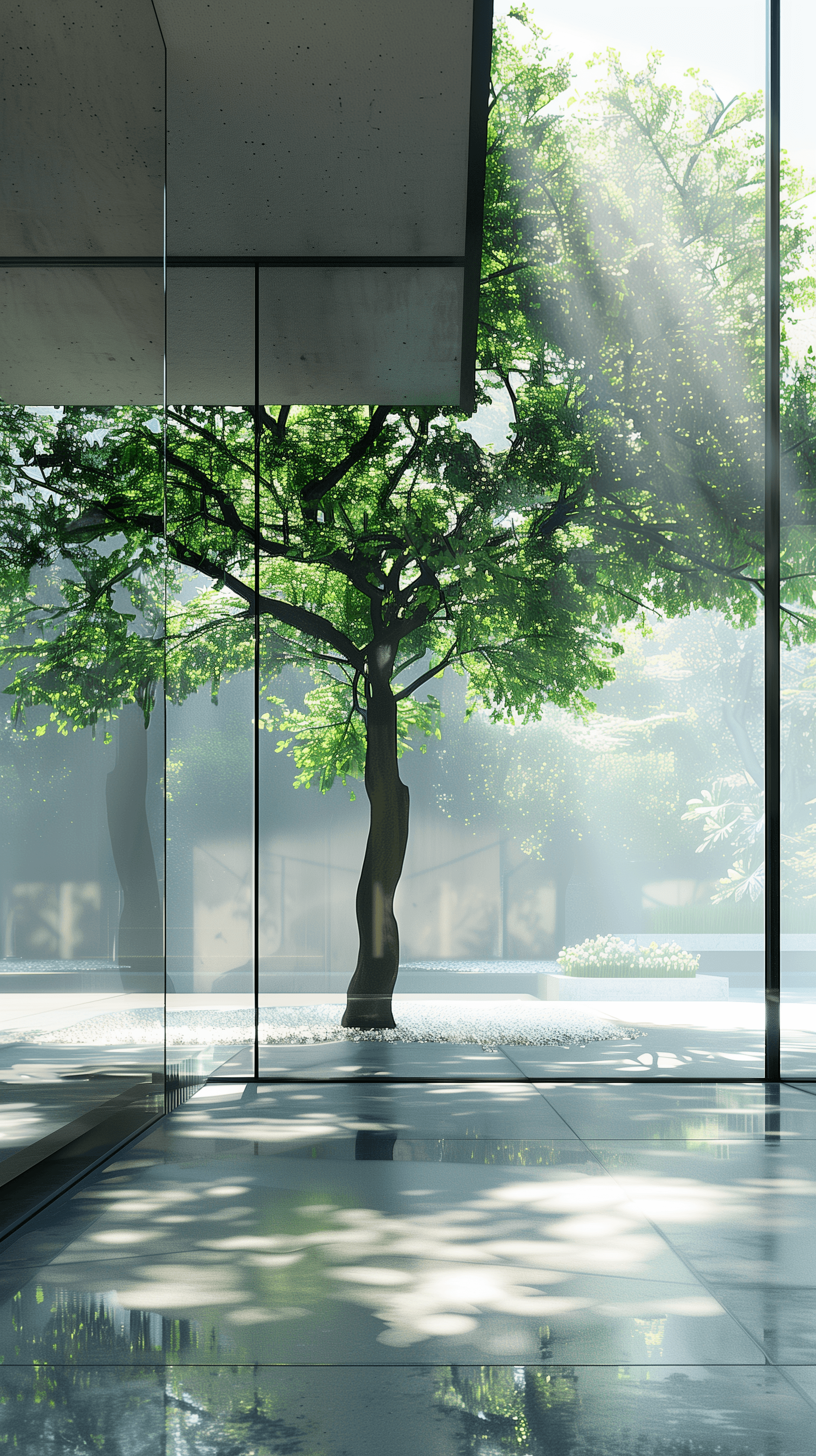 AI generated: photorealism, eye-level view, modern architectural space featuring a mature tree enclosed in a clear...