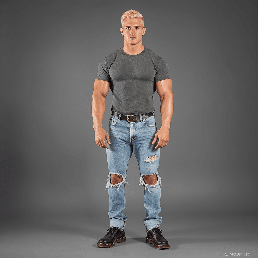 AI generated: Handsome 20-year-old male bodybuilder, with platinum blonde hair, wearing tiny cut off blue jeans an...