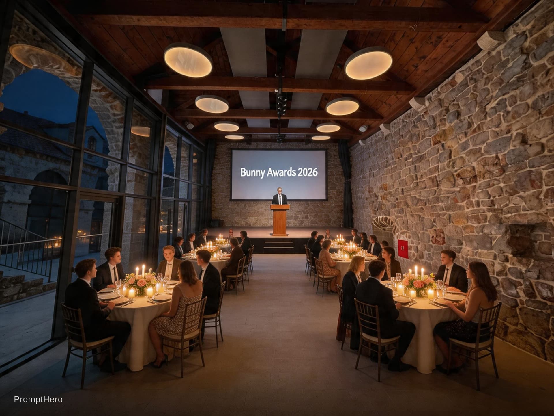 AI generated: Can you transform this meeting room in a gala dinner evening with 7 circular tables 10 in each (youn...