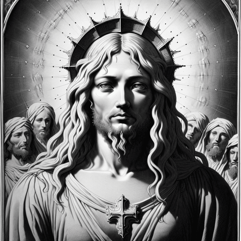 AI generated: esus face, black and white engraving by Gustave Doré, fine details, ultra detailed , high resolution...