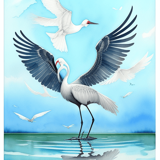 AI generated: Crane bird standing in water looking up at the sky with wings spread, watercolor, painting
