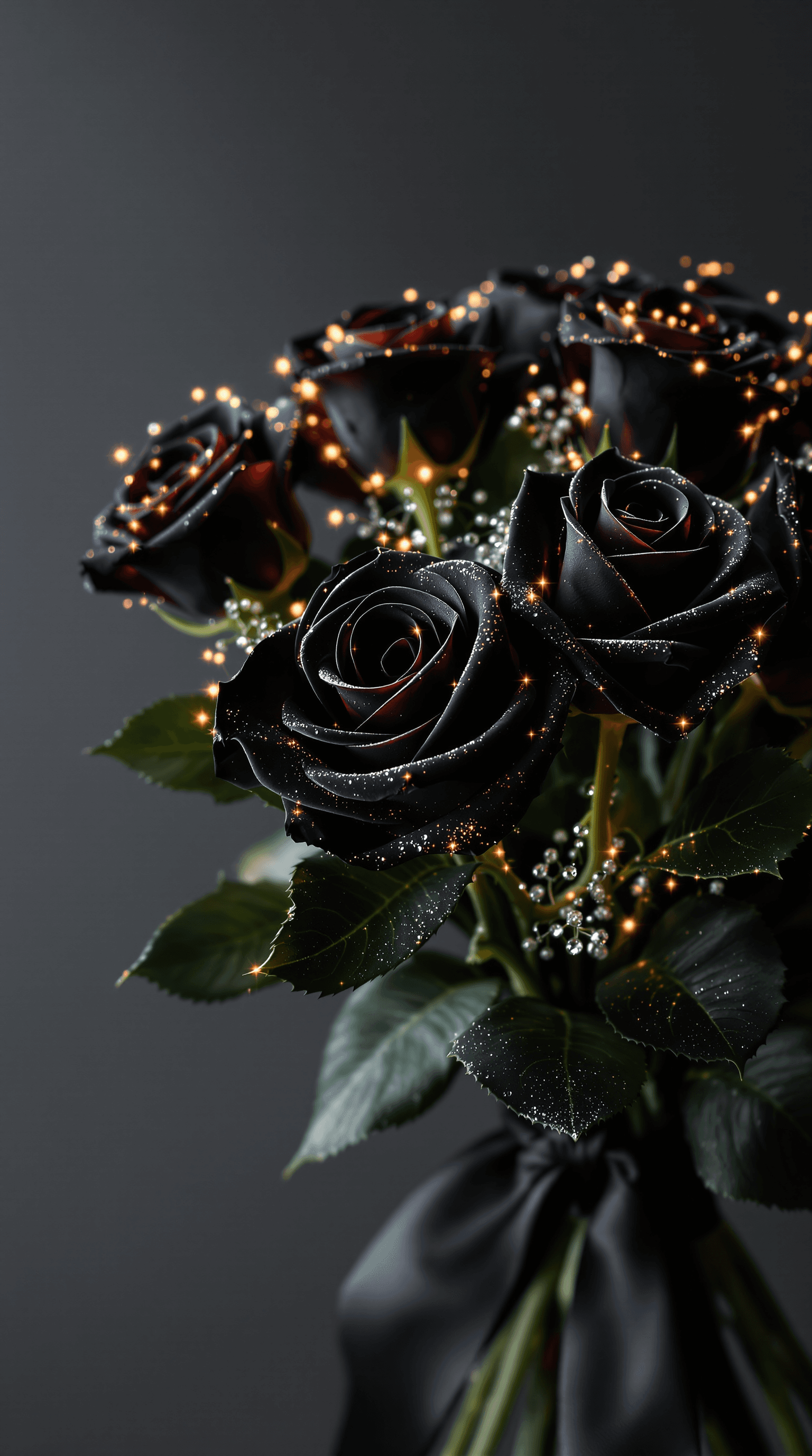 AI generated: (Ultra-high resolution, Hyper-detailed:1.5) An elegant bouquet of roses with deep, velvety black pet...