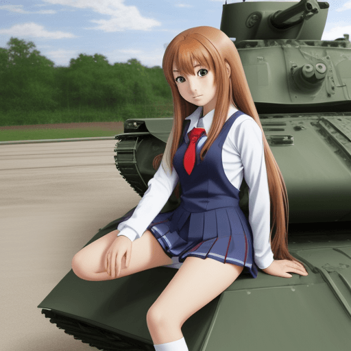 AI generated: taiga aisaka, anime style, school uniform, long hair, sit on tank, not realism, cartoon, art.