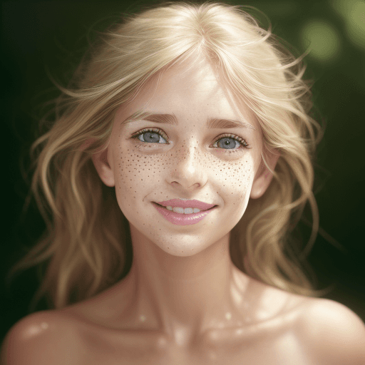 AI generated: tan skin, light blond hair, light Freckles across nose and cheeks, focus on the nose, sharp nose, A ...