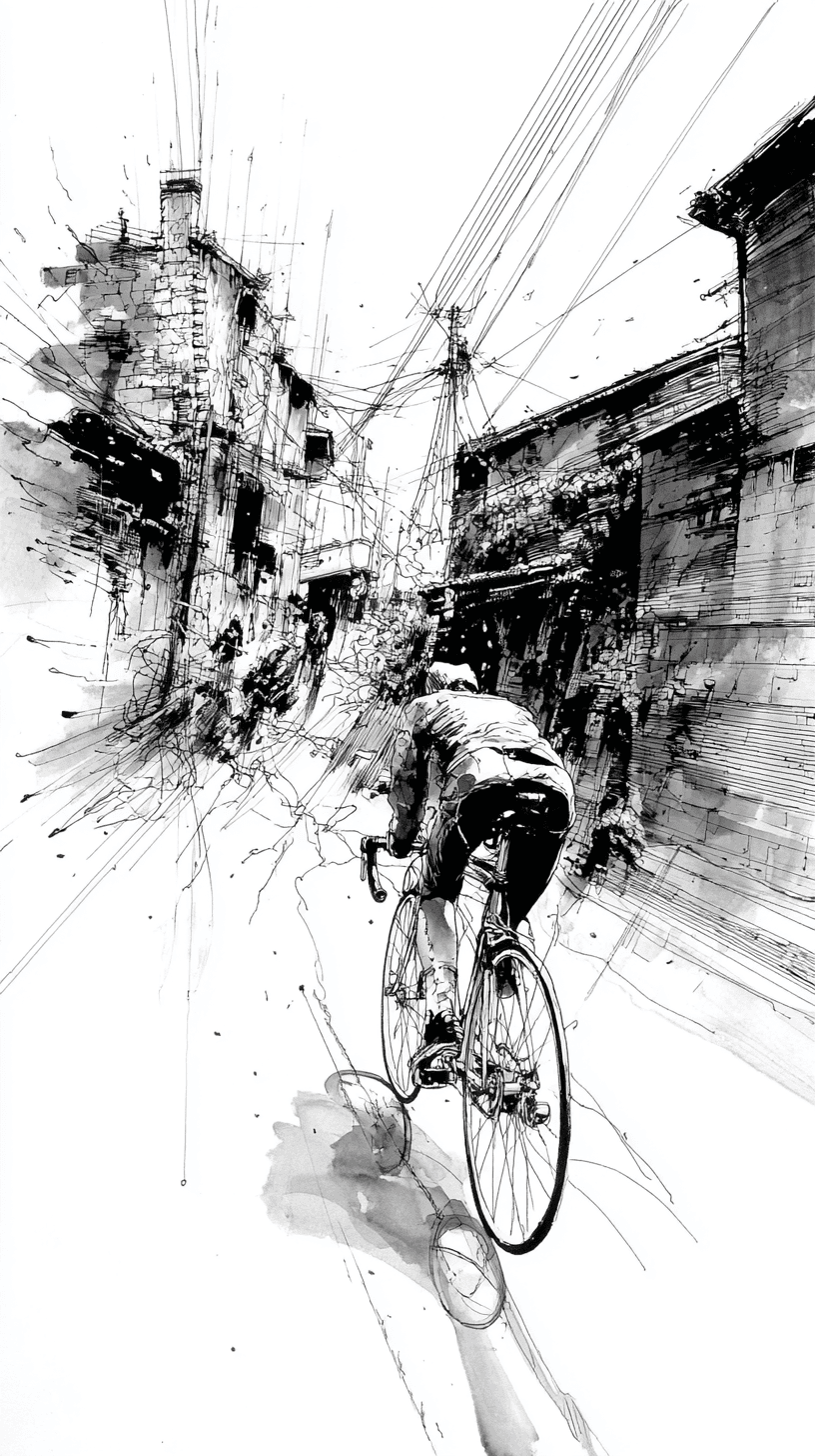 AI generated: urban cyclist, sumi-e with dark grey ink, illustrating speeding through a rainy alley, intricate lin...