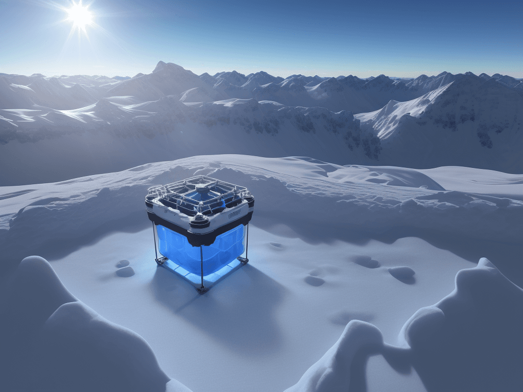 AI generated: Picture a blue Wewon's environmental chamber is placed on a snow-capped mountain peak. reaching the ...