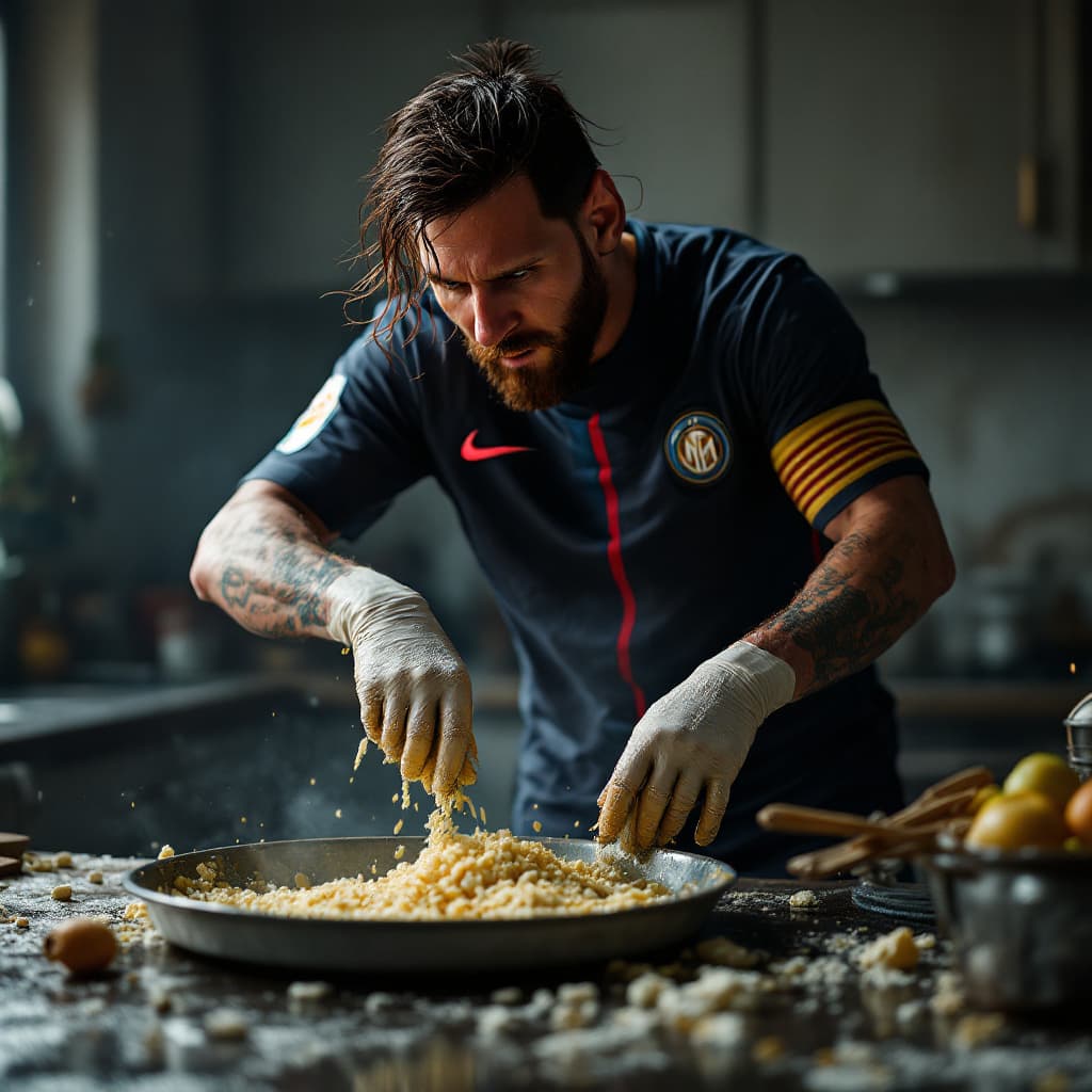 AI generated: High-resolution photography of Lionel Messi, wearing his Inter Miami  cleaning dishes in his poor ho...