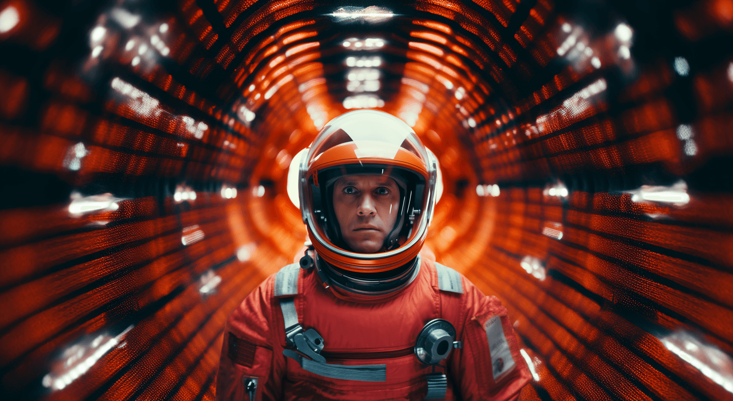 AI generated: a man in a orange spacesuit and helmet, in the style of movie still, blink-and-you-miss-it detail --...