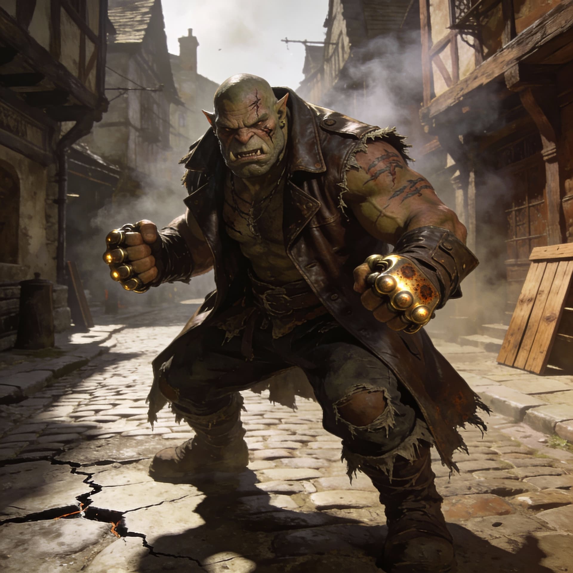 AI generated: a large male orc streetfighter with scars, in a leather trenchcoat and tattered pants, with brassknu...