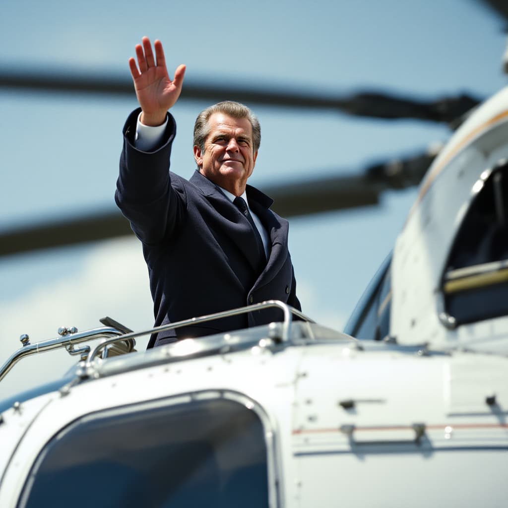 AI generated: A hyper-realistic, ultra-detailed President Richard Nixon waving leaving the White House for the las...
