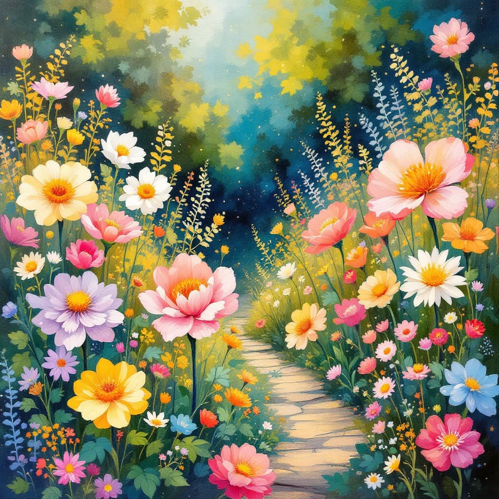 AI generated: A whimsical painting in acrylic, alcohol ink and gold pen, of a
flower garden in the style of Monet