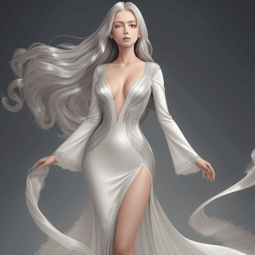 AI generated:  An elegant woman with long, flowing hair stands in a poised posture, wearing a sophisticated long-s...