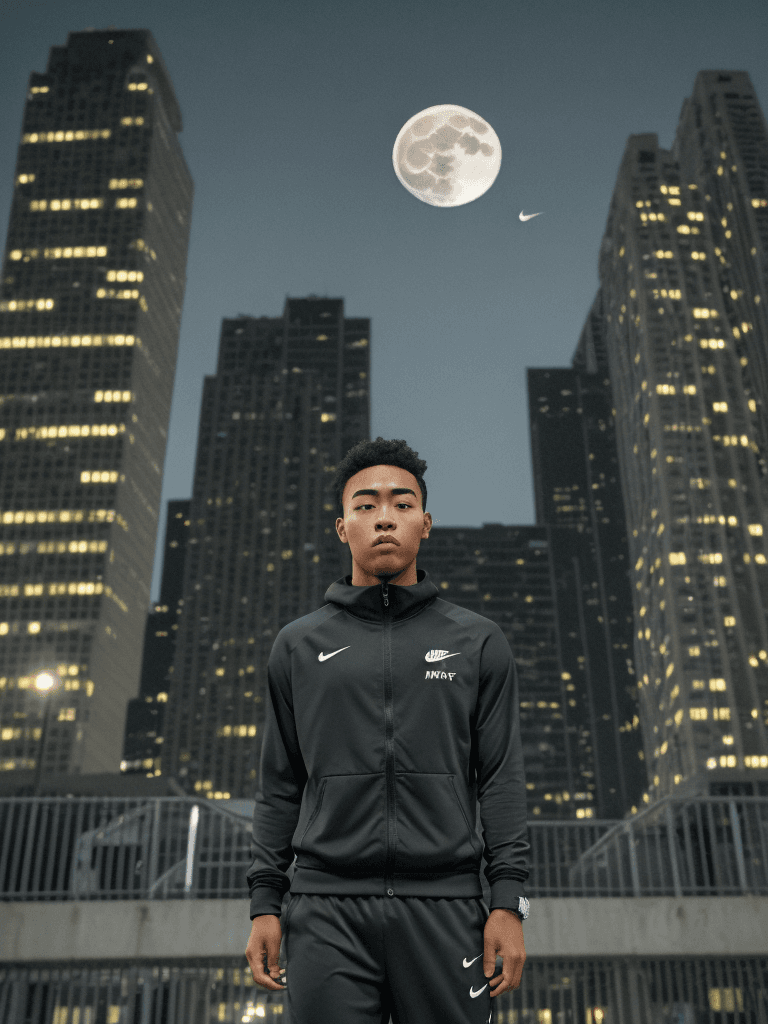 AI generated: young man moai head using nike tracksuit, night time, big full moon in the background above the buil...